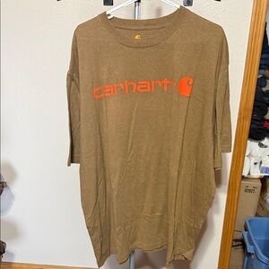 Carhartt Men's Brown Tee with Orange Logo